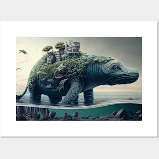 Dinosaur on water with buildings on top Posters and Art